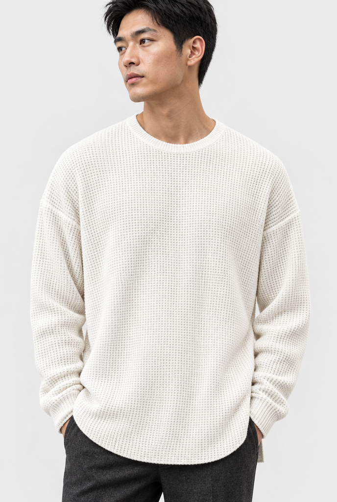 Pull col rond ample en maille gaufrée — Écru