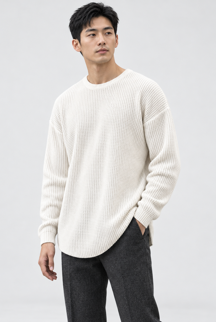 Pull col rond ample en maille gaufrée — Écru — studio