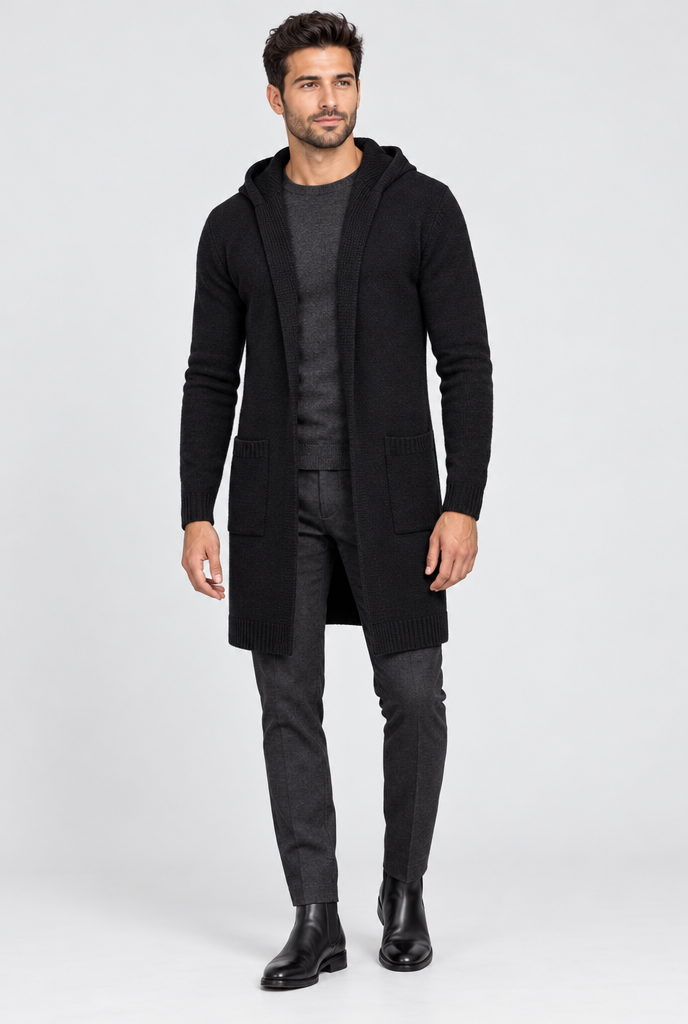 Long gilet ouvert à capuche en maille — Noir — silhouette complète