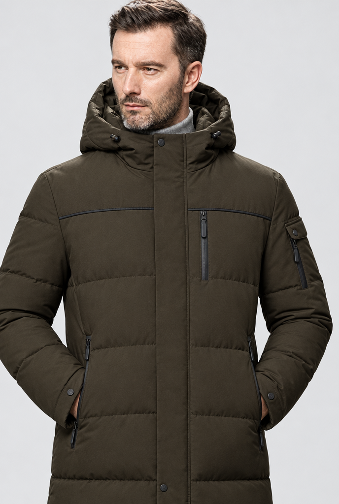 Parka longue matelassée à capuche — Brun olive — détail du col