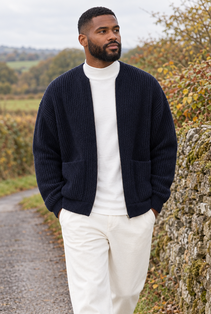 Navy ribbed knit zip cardigan, lifestyle