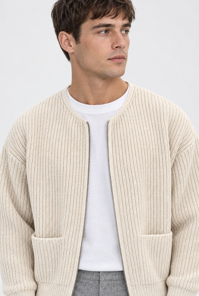 Cream ribbed knit zip cardigan, neckline close-up