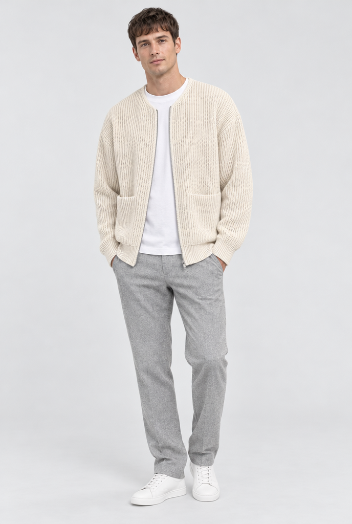 Cream ribbed knit zip cardigan, full body