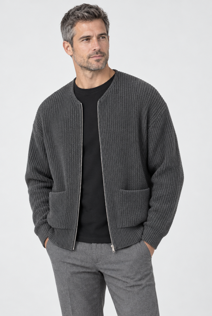 Charcoal ribbed knit zip cardigan, studio hero