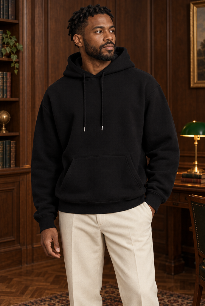 Black drop-shoulder pullover hoodie, lifestyle