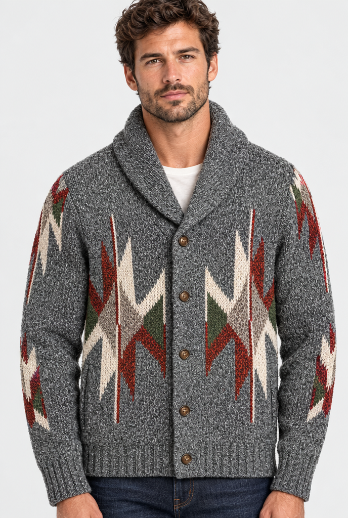 Gilet col châle en maille à motifs graphiques — Gris chiné clair