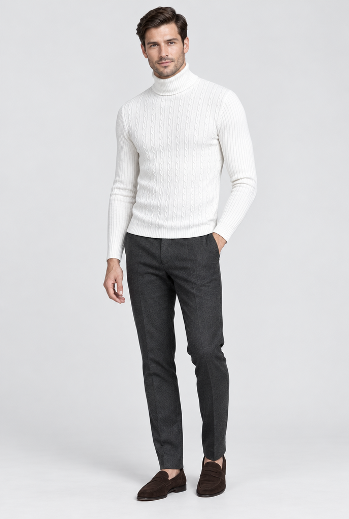 Off-White cable-ribbed turtleneck, full body