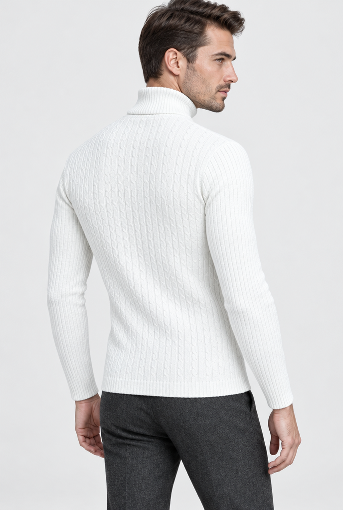 Off-White cable-ribbed turtleneck, back view