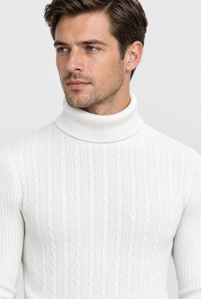 Off-White cable-ribbed turtleneck, collar close-up