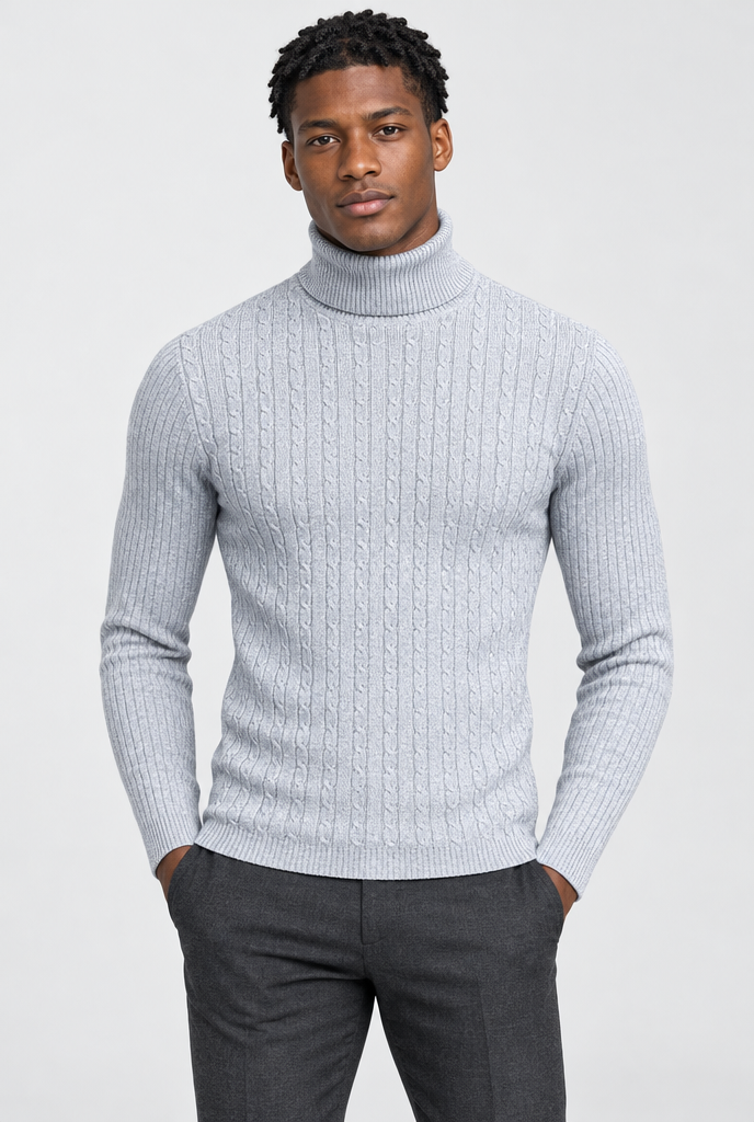 Light Grey cable-ribbed turtleneck, studio hero