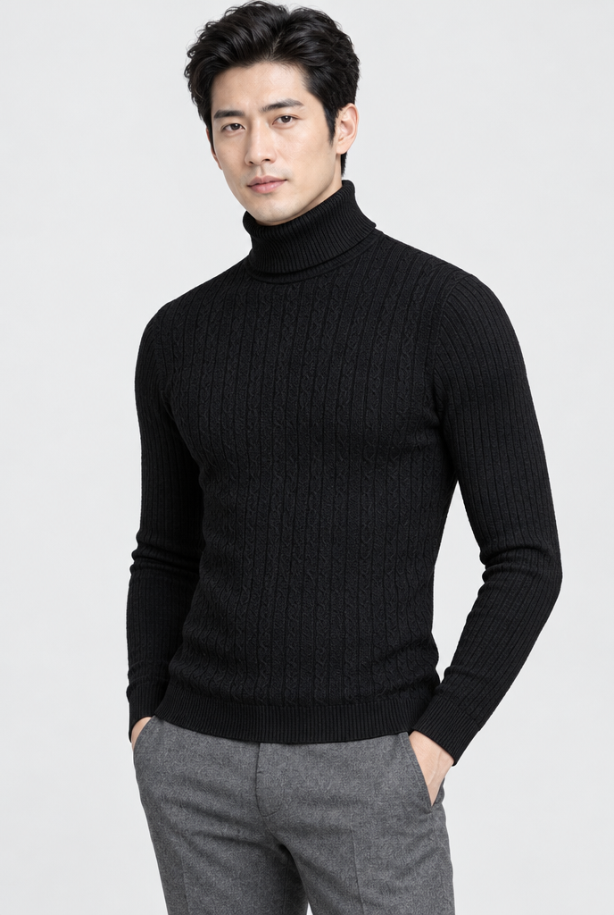 Black cable-ribbed turtleneck, studio hero