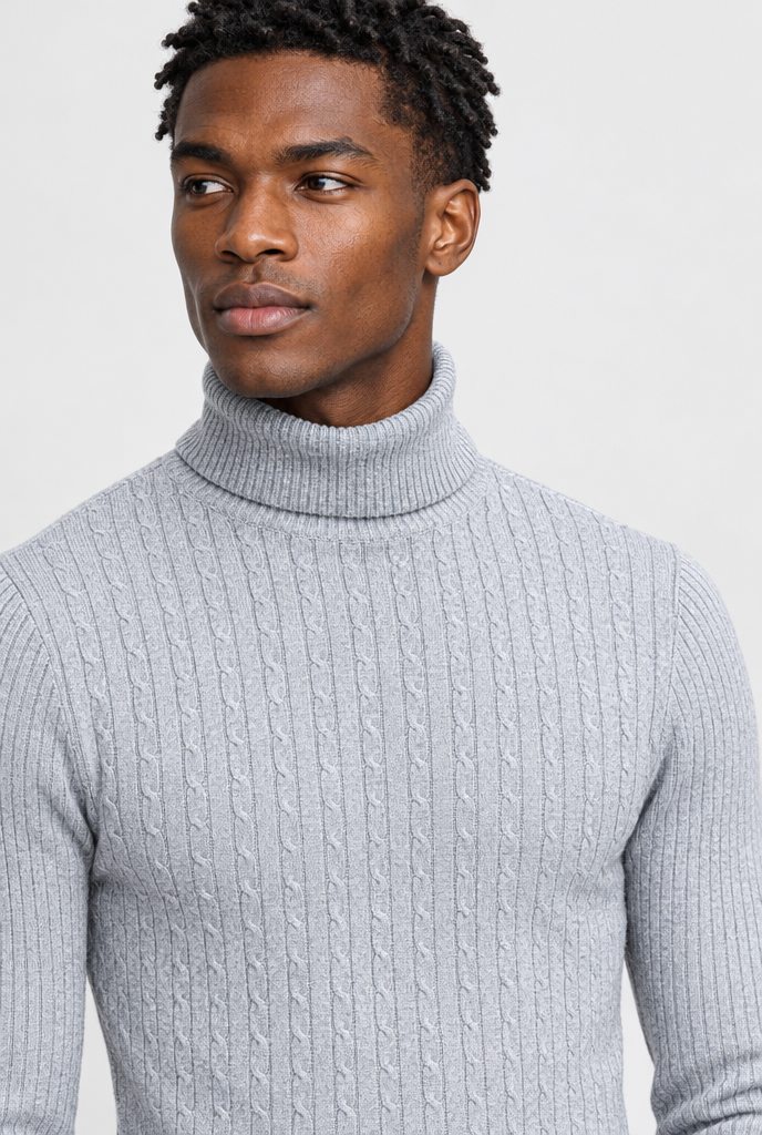 Light Grey cable-ribbed turtleneck, collar close-up
