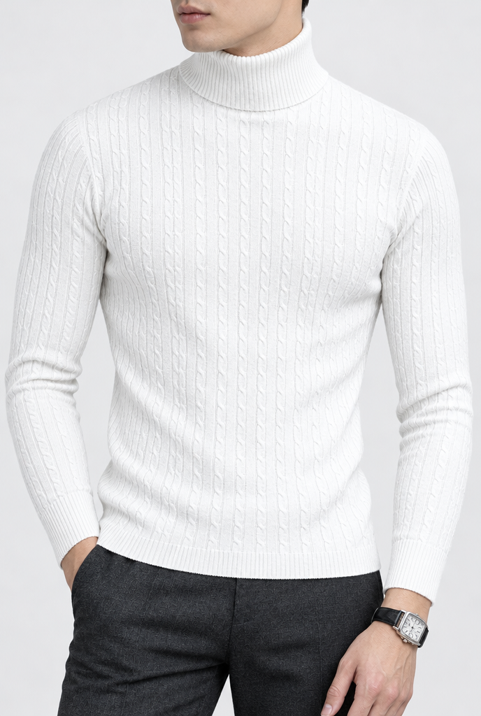 Off-White cable-ribbed turtleneck, knit detail