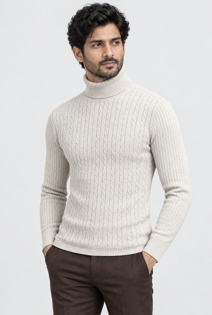 Oatmeal cable-ribbed turtleneck, studio hero