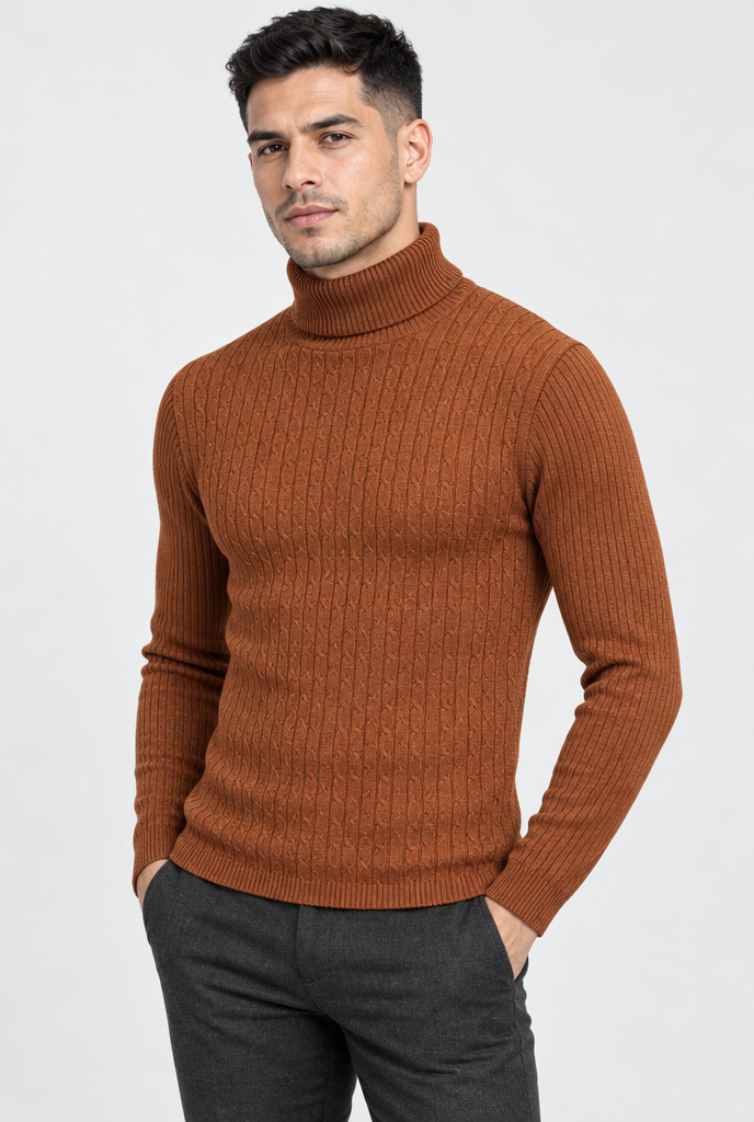 Rust cable-ribbed turtleneck, studio hero