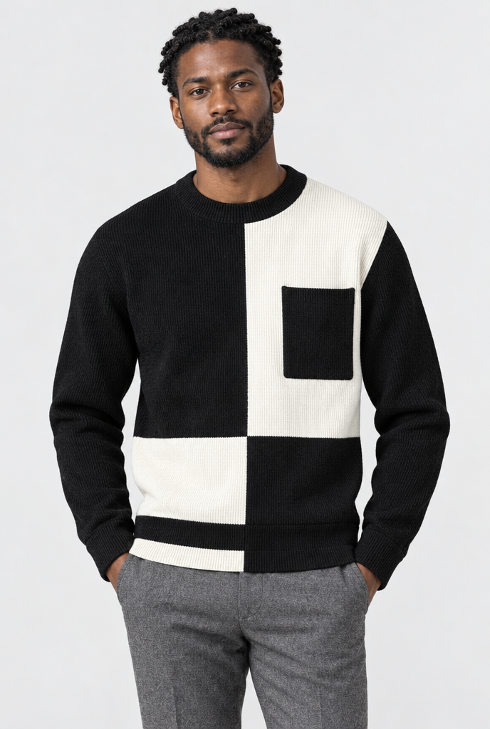 Black colorblock sweater, studio hero