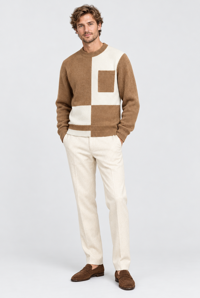 Camel colorblock sweater, full body
