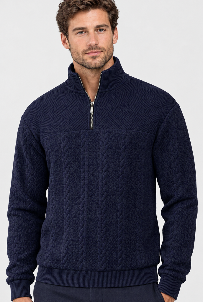 Navy cable-jacquard quarter-zip pullover, texture detail