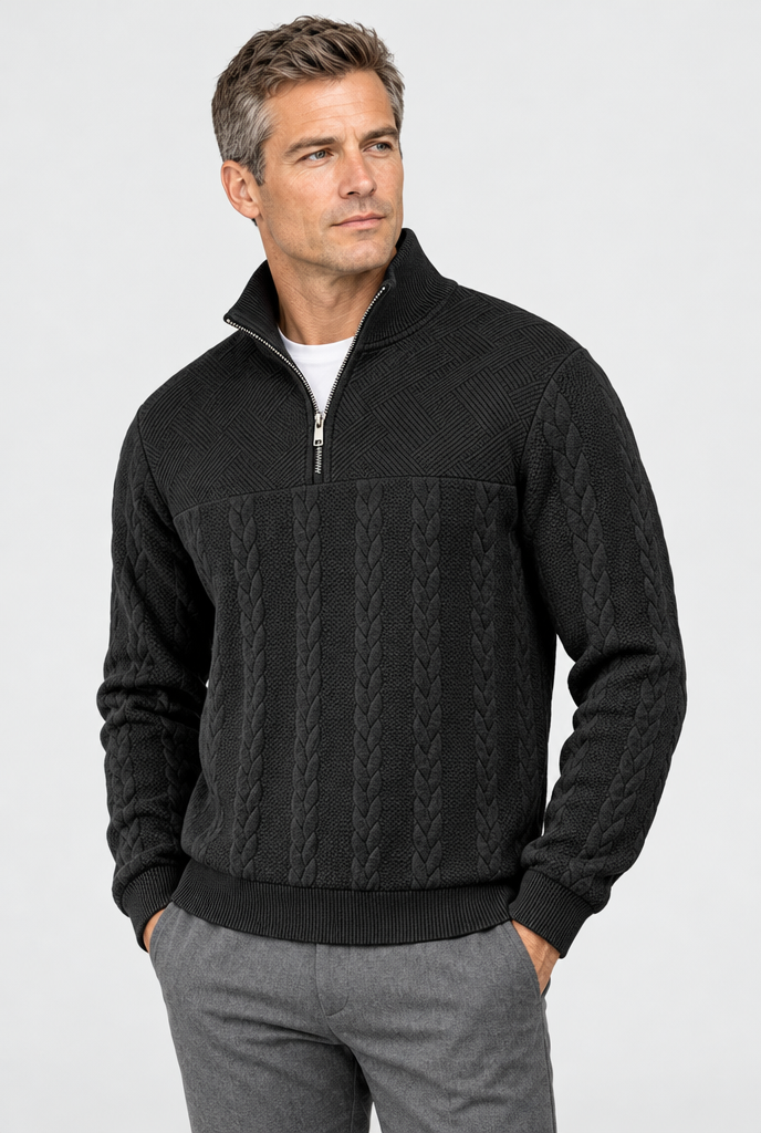 Black cable-jacquard quarter-zip pullover, studio hero