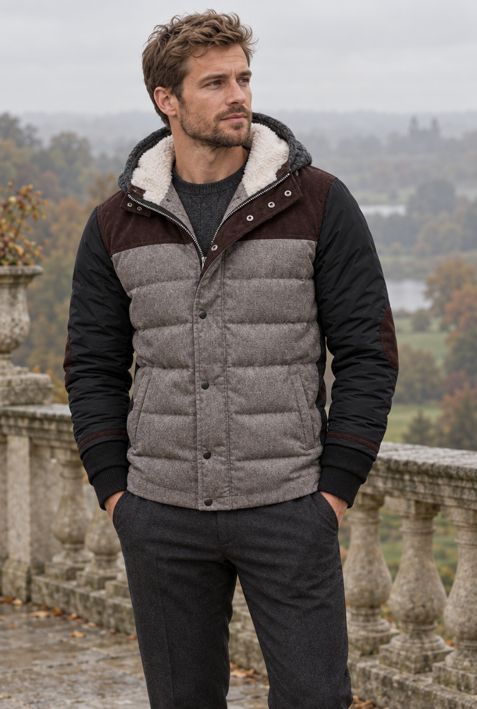 Veste rembourrée à capuche maille doublée sherpa — Gris chiné clair — en situation