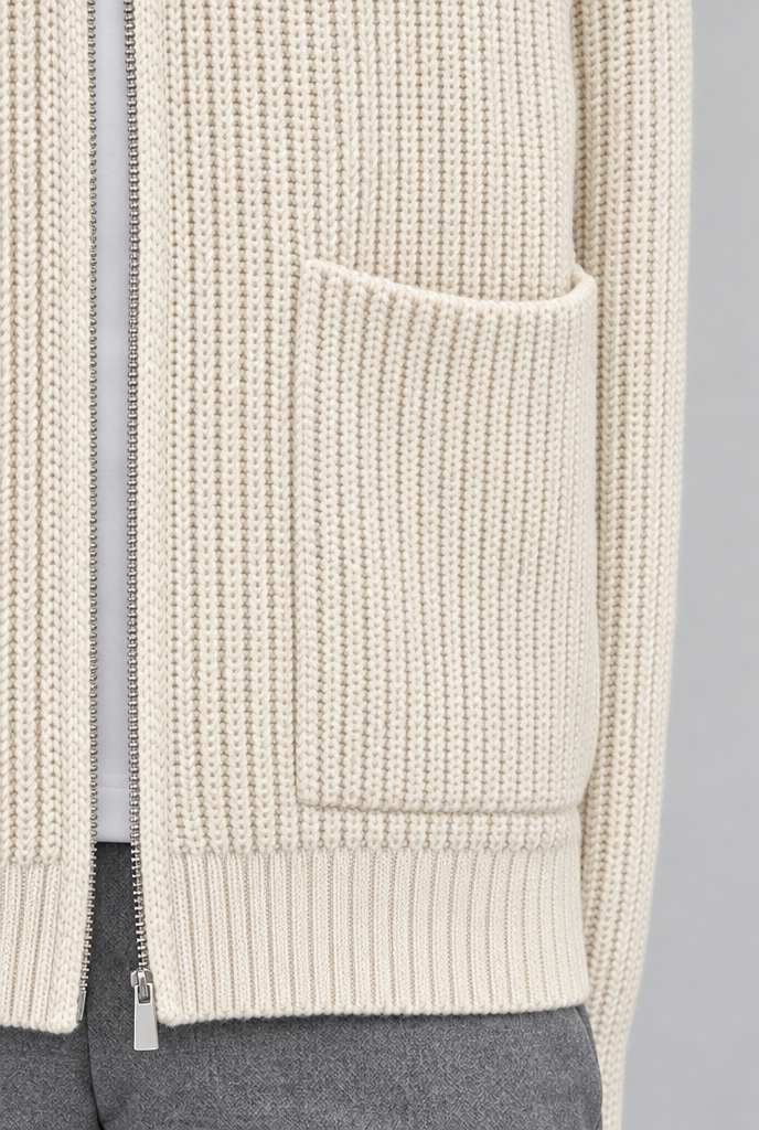 Cream ribbed knit zip cardigan, pocket detail