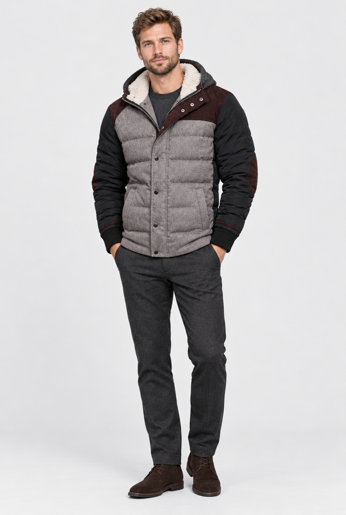 Veste rembourrée à capuche maille doublée sherpa — Gris chiné clair — silhouette complète