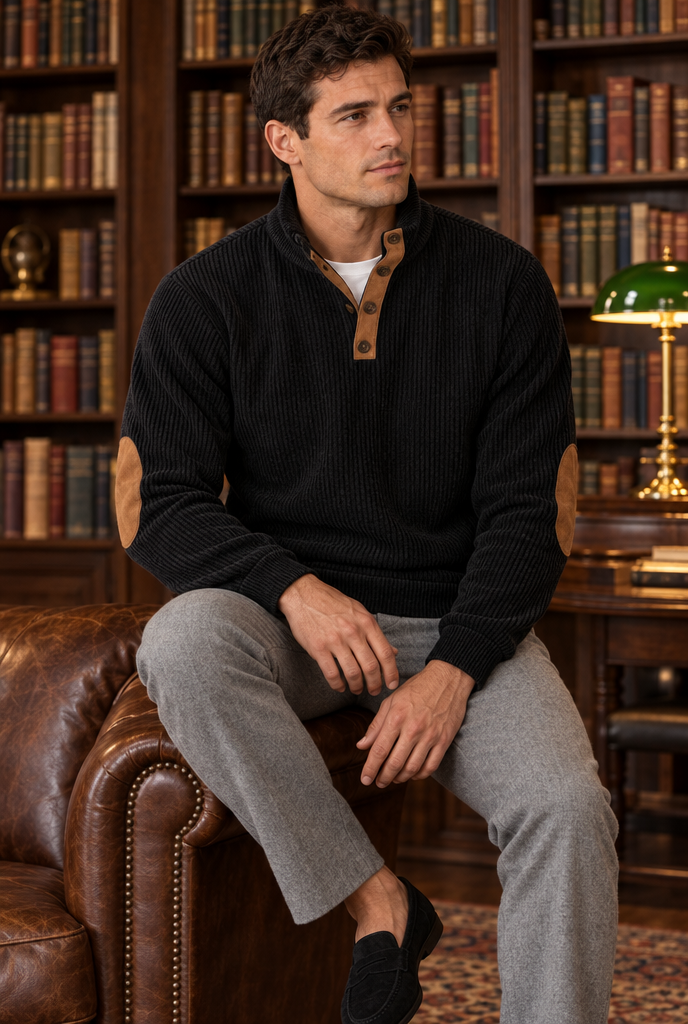 Black corduroy elbow-patch pullover, lifestyle