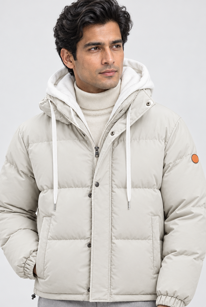 Stone layered-hood puffer jacket, collar and hood