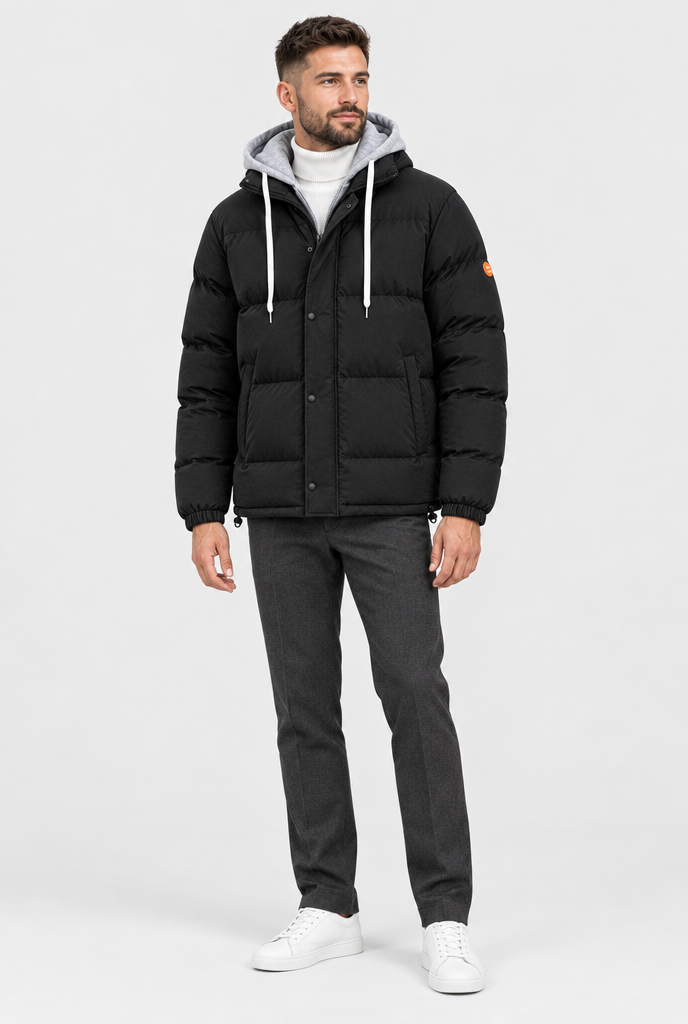 Black layered-hood puffer jacket, full body