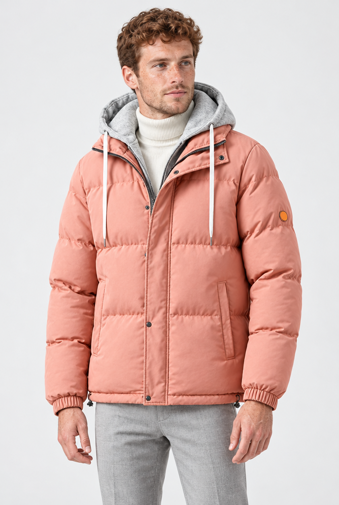 Coral layered-hood puffer jacket, studio hero