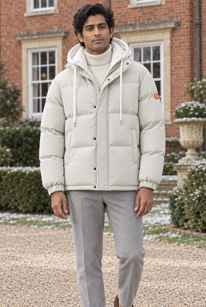 Stone layered-hood puffer jacket, lifestyle