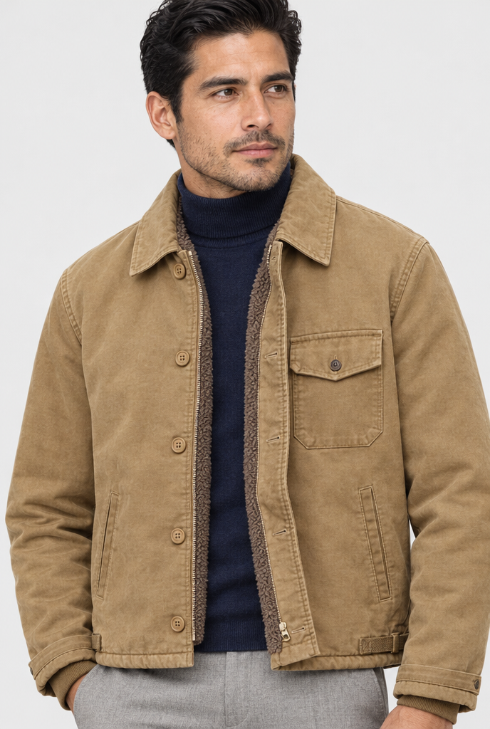 Veste de pont en coton doublée sherpa — Fauve — détail du col
