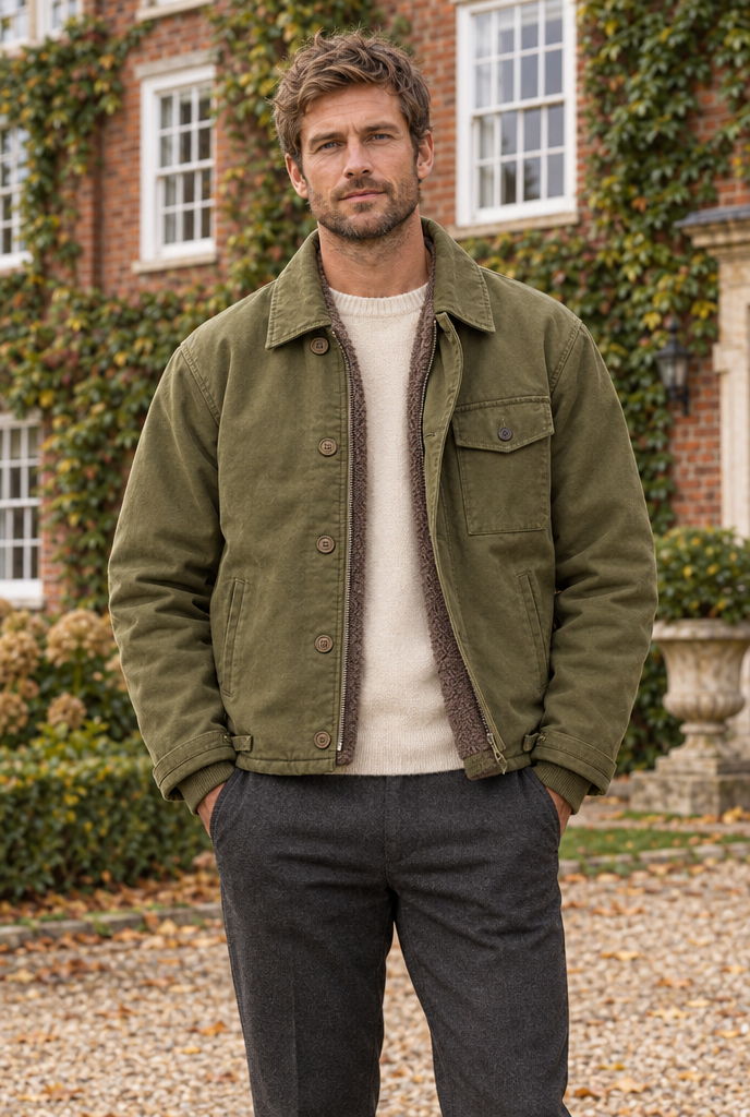 Veste de pont en coton doublée sherpa — Olive — en situation
