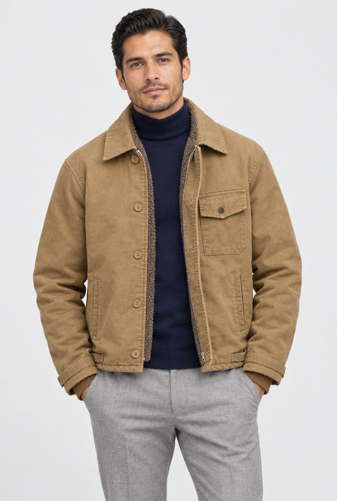 Veste de pont en coton doublée sherpa — Fauve — photo studio