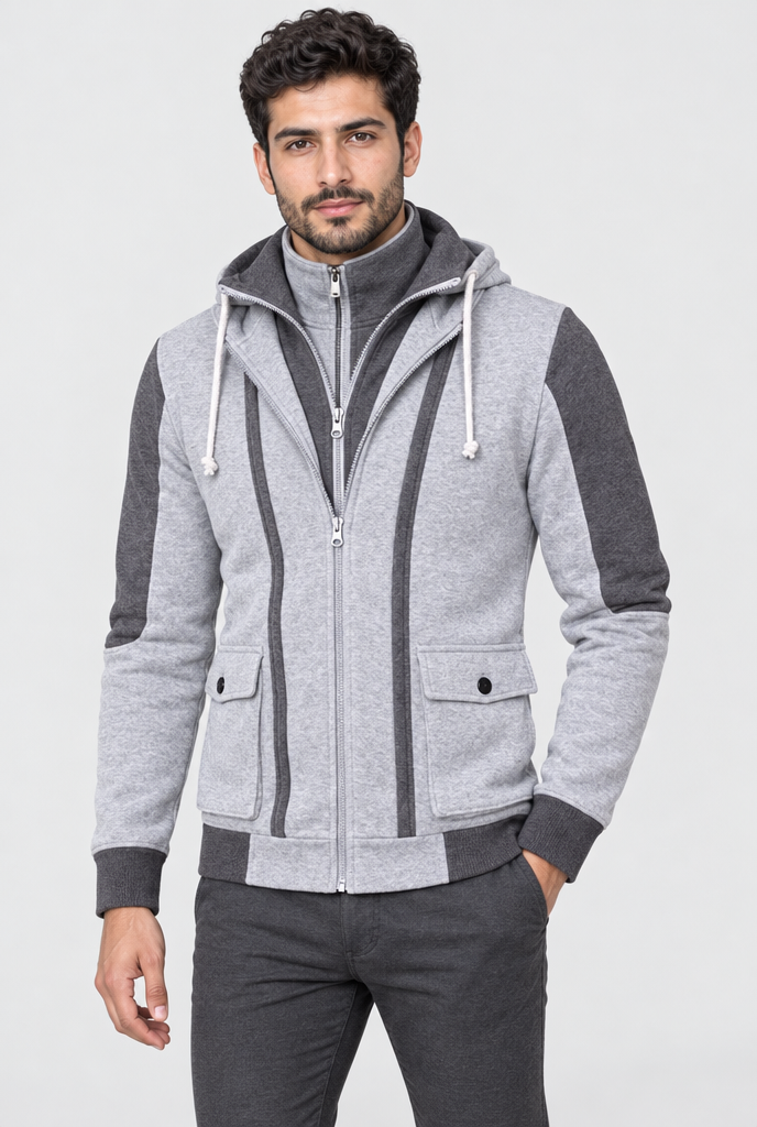 Light Grey layered double-zip hooded jacket, studio hero