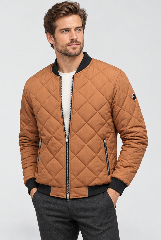 Camel diamond-quilted bomber jacket, studio