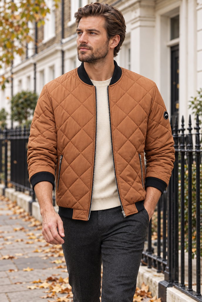 Camel diamond-quilted bomber jacket, townhouse street