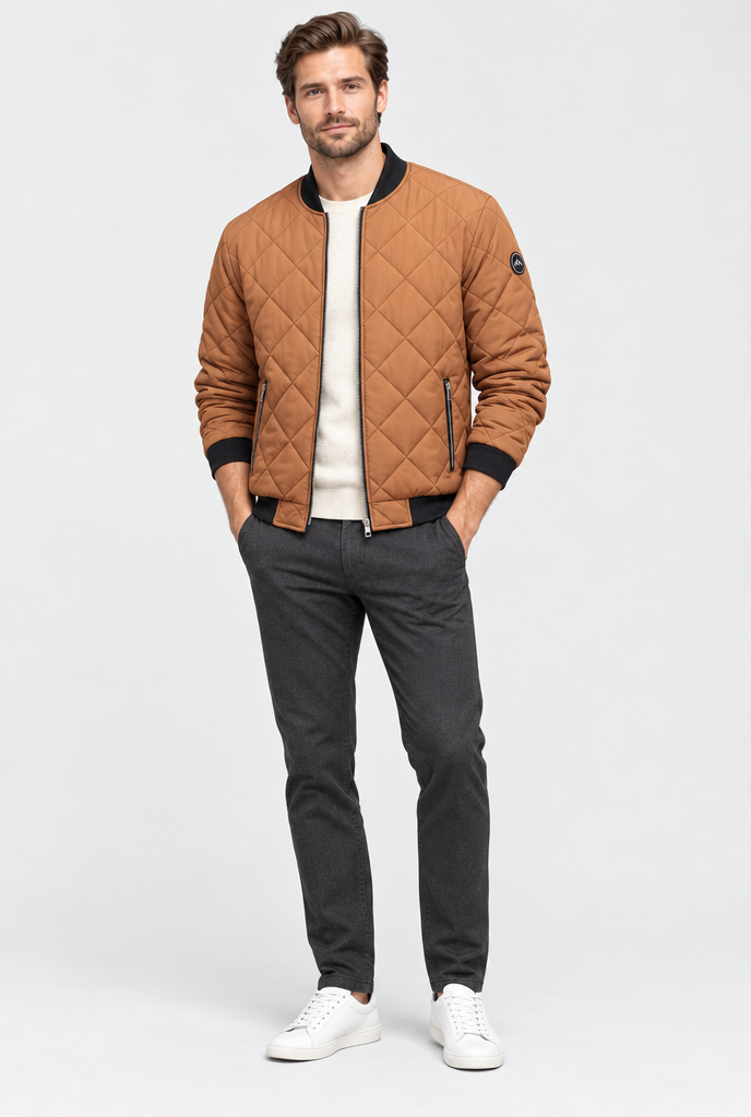 Camel diamond-quilted bomber jacket, full body