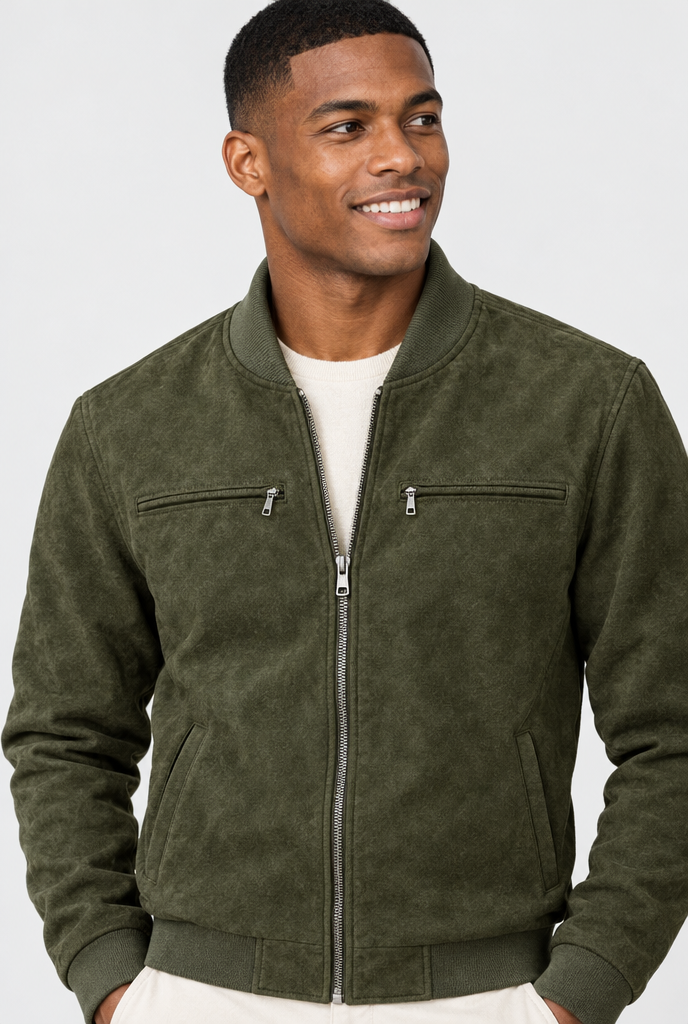 Bomber en suédine doublé matelassé — Olive — col