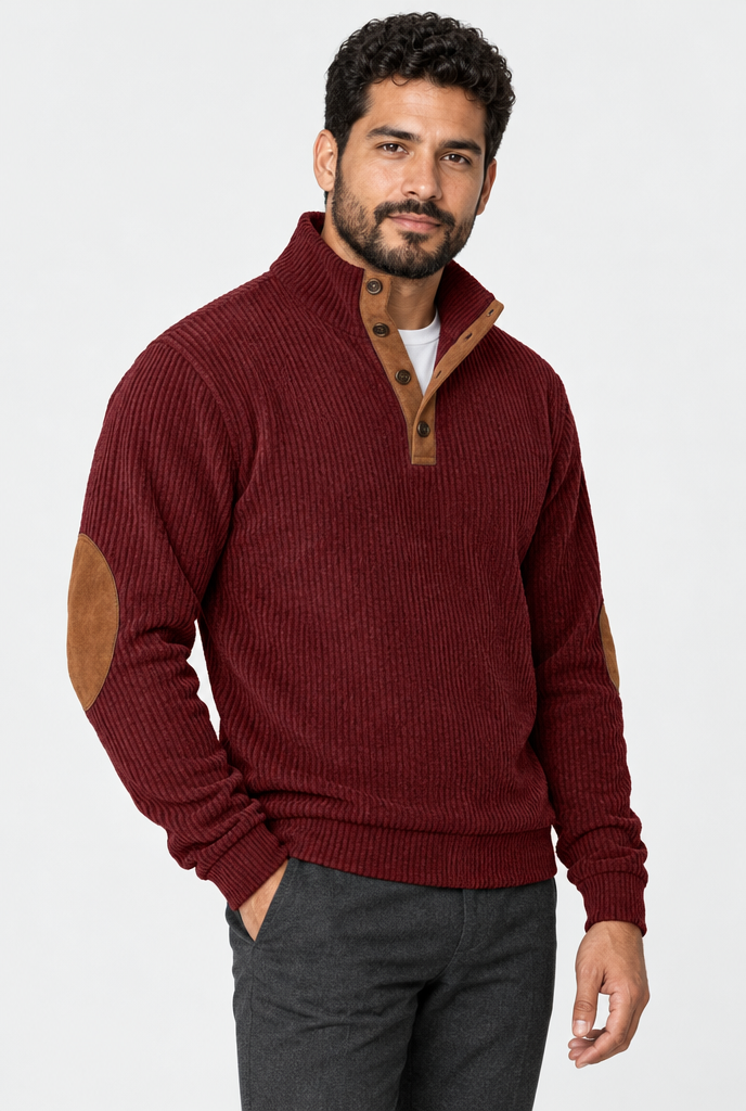 Burgundy corduroy elbow-patch pullover, studio hero