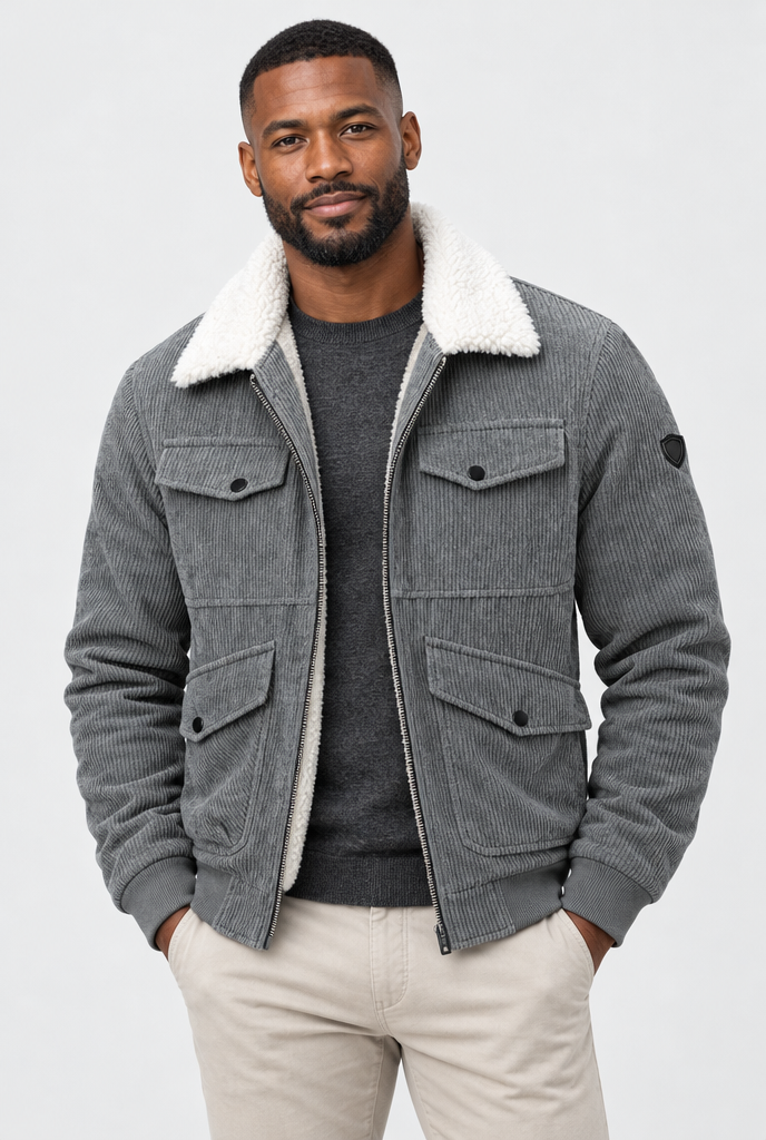 Veste en velours côtelé col sherpa Homme — Gris ardoise — photo studio