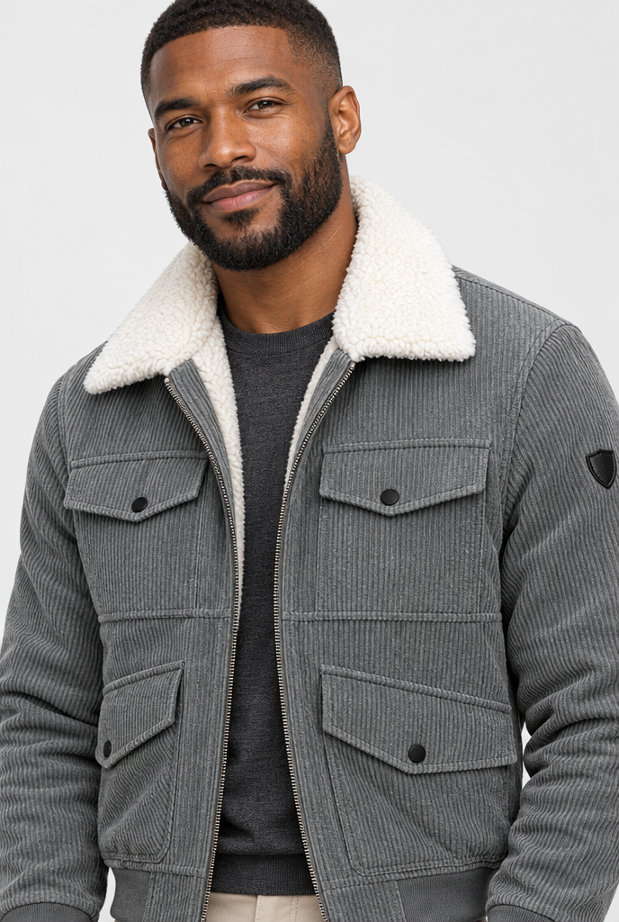 Veste en velours côtelé col sherpa Homme — Gris ardoise — détail du col