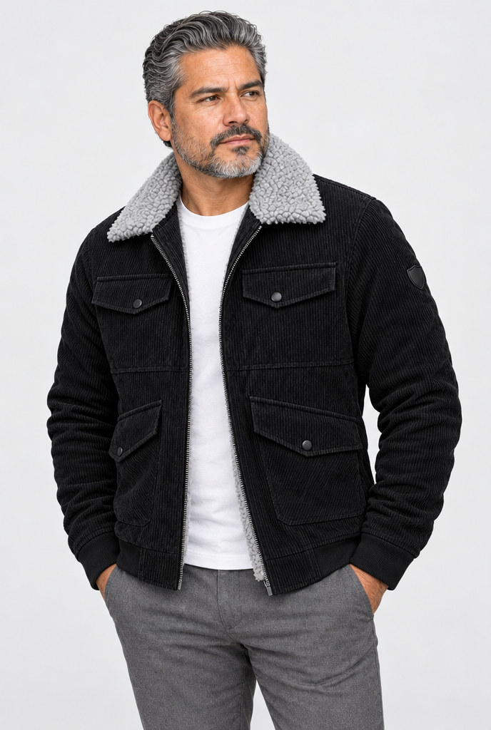 Veste en velours côtelé col sherpa Homme — Noir — photo studio