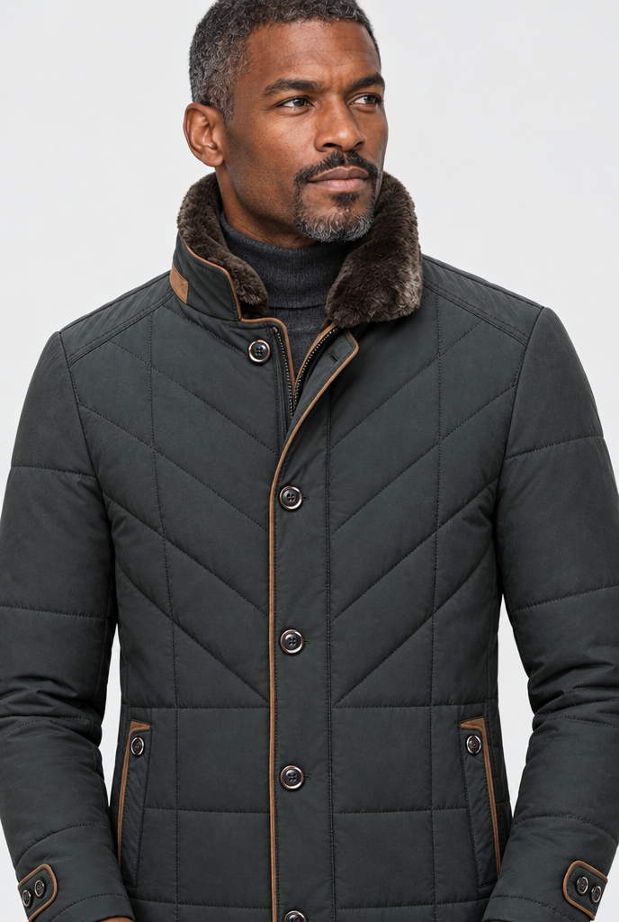 Veste matelassée rembourrée col fausse fourrure — Vert forêt — détail du col