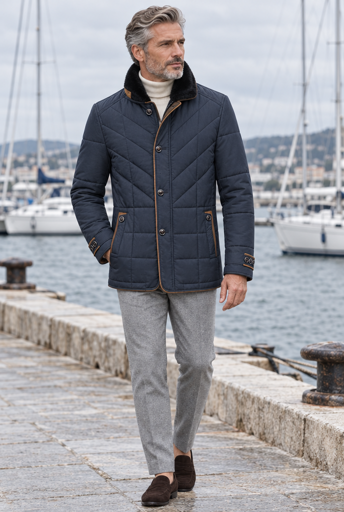 Veste matelassée rembourrée col fausse fourrure — Marine — en situation