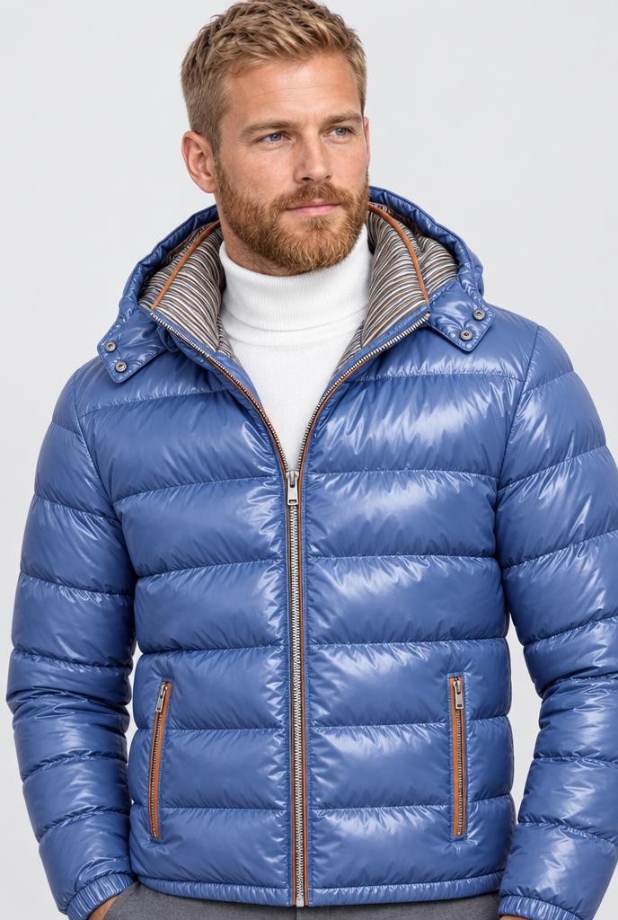 Blue glossy hooded puffer jacket, collar and hood