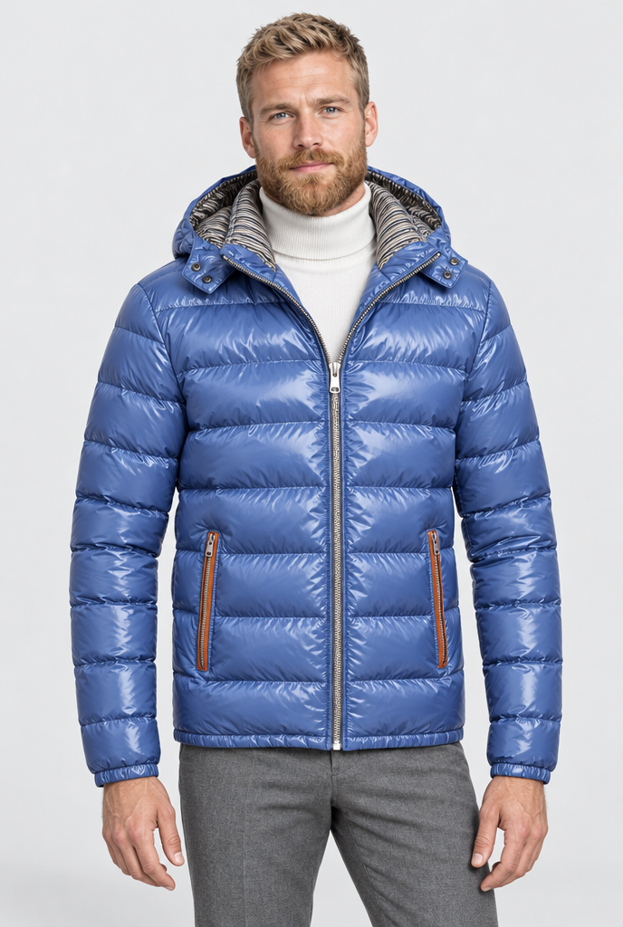 Blue glossy hooded puffer jacket, studio hero