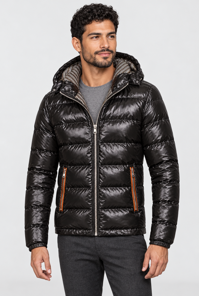 Black glossy hooded puffer jacket, studio hero