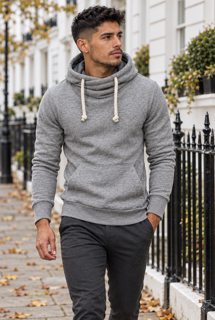 Heather Gray cowl-neck pullover hoodie, lifestyle