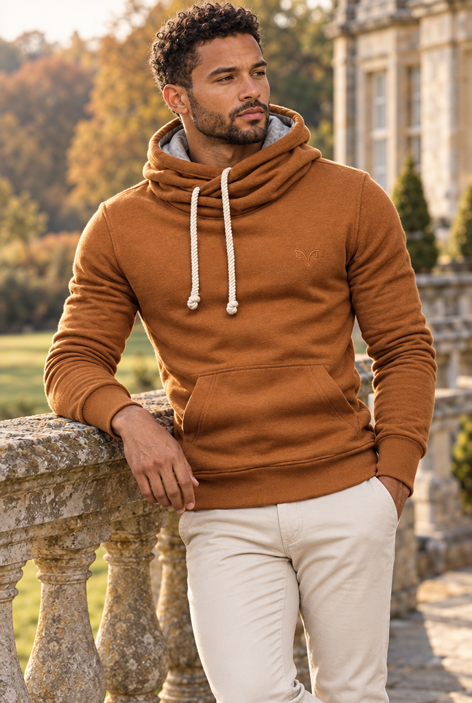 Caramel cowl-neck pullover hoodie, lifestyle